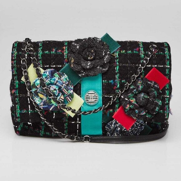 Chanel Black Multicolor Wool Tweed Camellia Flap Bag - Picture 1 of 9